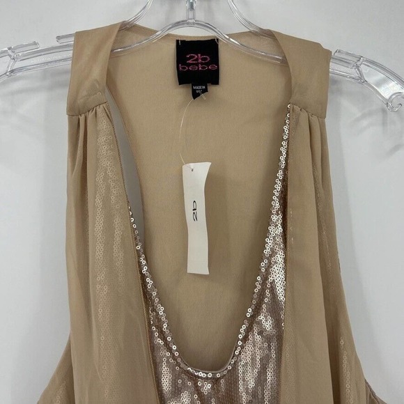 2B Bebe Womens L Sleeveless Sequin Chiffon Top Gold Blouse - Picture 2 of 9